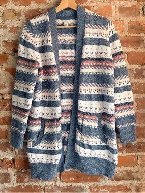 L.L. Bean 100% Cotton Floral Fair Isle Cardigan Sweater Natural Fibers Open